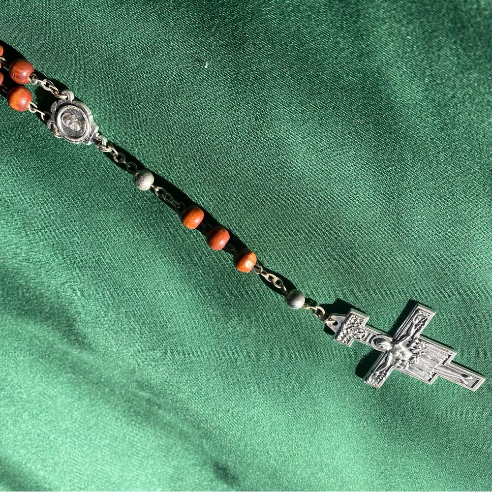 Vintage 70s rosary beads - wood and silver